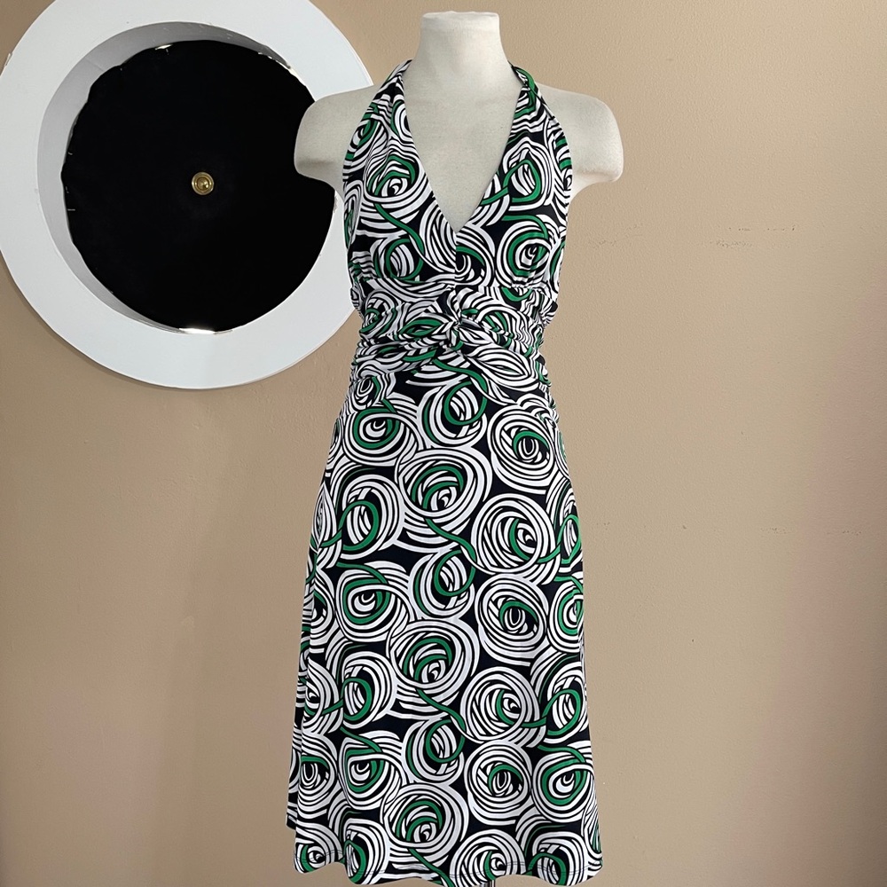 Abstract Print Halter Dress with Cinched Bust & A-Line Skirt — Machine Washable,